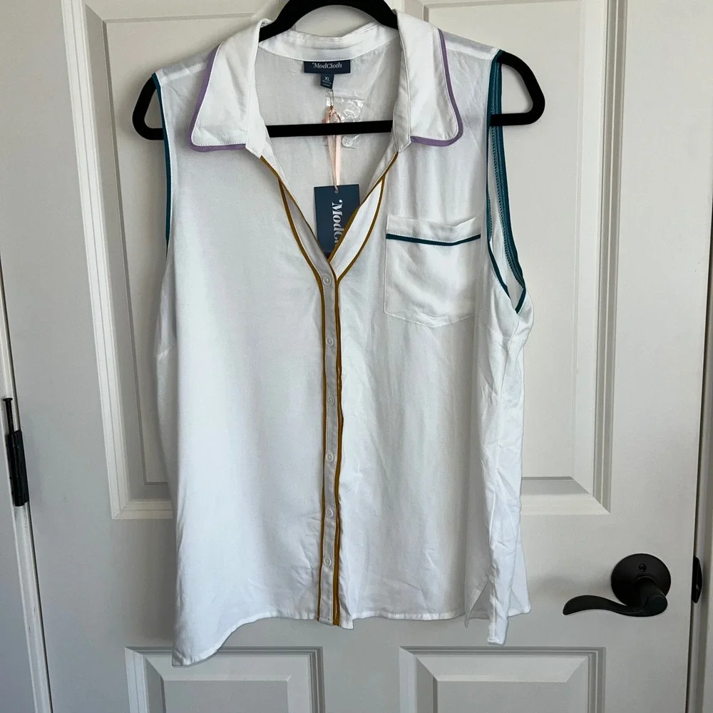 NWT ModCloth Sleeveless Collared V-Neck Button Down‎ Color Trim Blouse Size XL